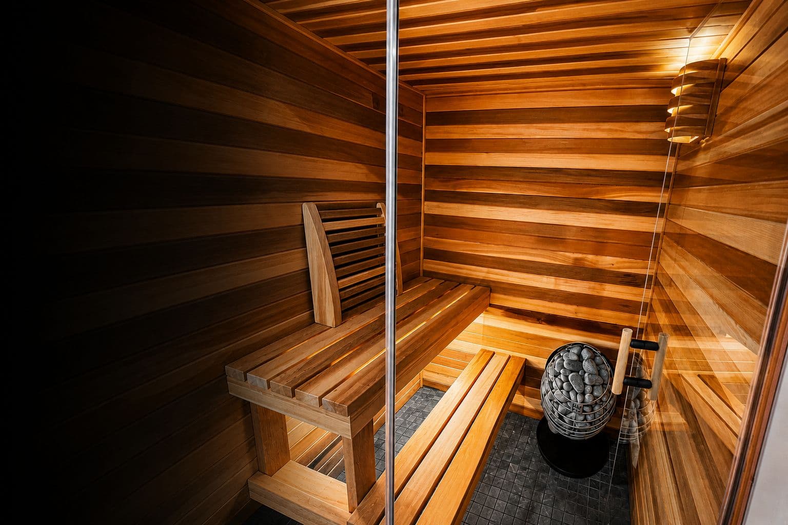 Custom indoor cedar sauna built into a finished room